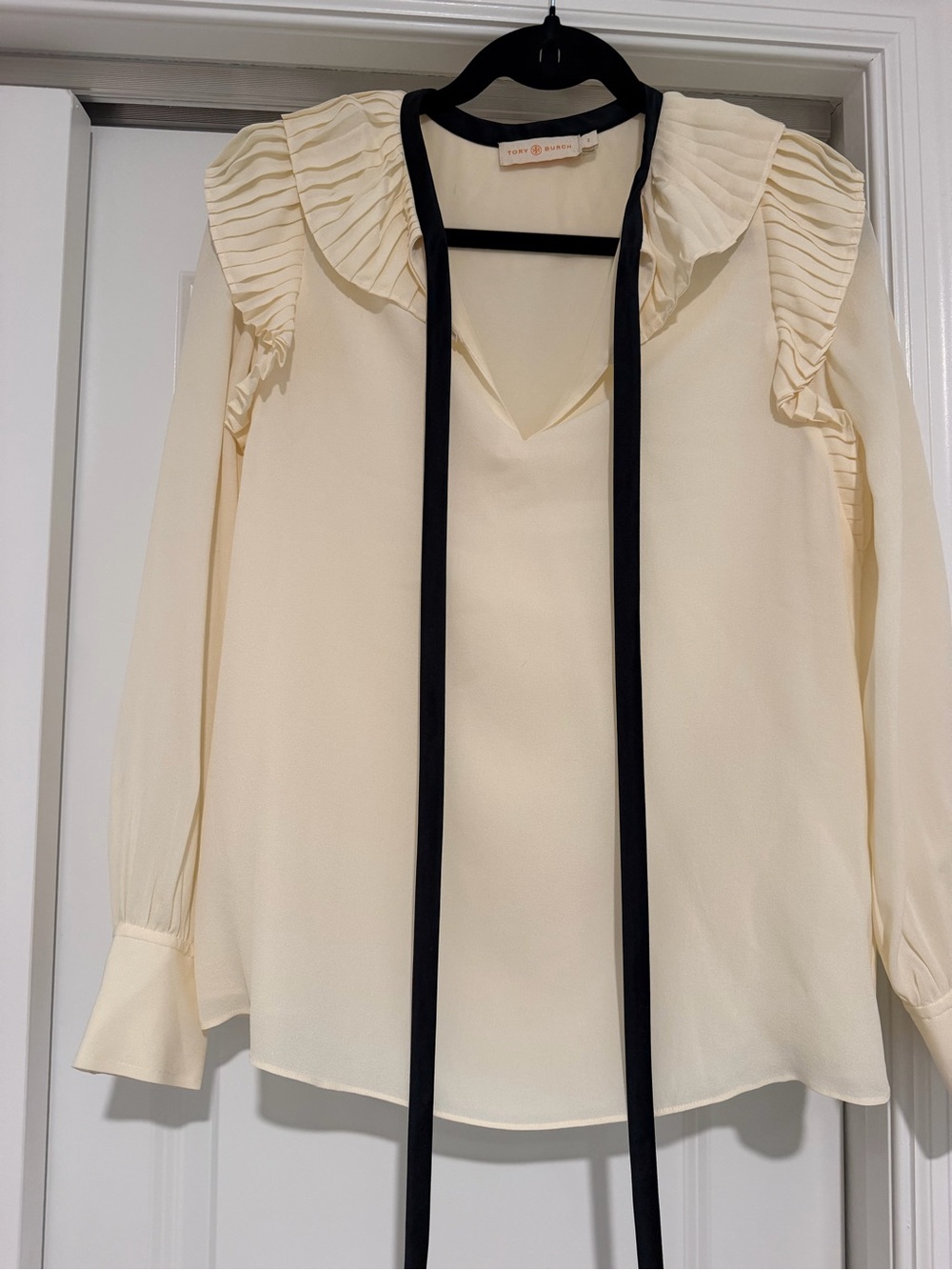 Tory Burch Cream Ruffle Collar Blouse with Black Tie